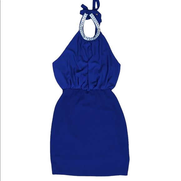 Beware! Dresses & Skirts - Beware! Rhinestone Halter Mini Dress Women’s Size 14 Blue NWT